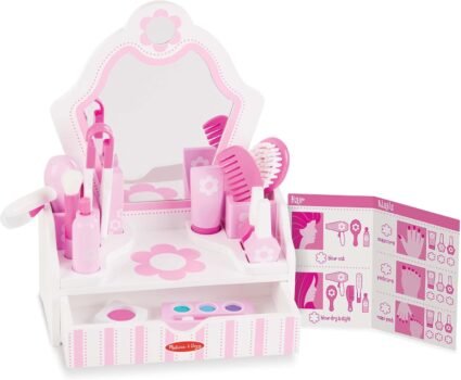 Melissa & Doug Wooden Beauty Salon Play Set, 18-Piece Vanity with Pretend Play Toys, Makeup, Mirror, Accessories & More, Preschool Toys for Girls & Boys Ages 3+ - FSC Certified