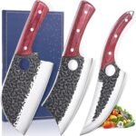 Butcher Knife Set, 3PCS Hand Forged Meat Cleaver, Sharp Serbian Chef Knife & Kitchen Knives & Viking Knives Set for Meat Cutting, Boning Knives for Home、Camping、BBQ Gifts Idea Men