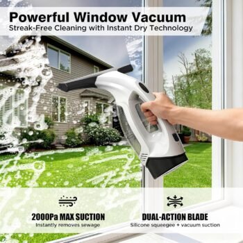 Window Vacuum Squeegee Cordless, 2000Pa Electric Window Cleaner Tool with 2200mAh & 150ml Water Collection Tank, Window Cleaning Kit Shower Squeegee for Glass Doors, Windows, Mirrors, Car (Black)