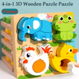 4-in-1 Wooden Cartoon Animal Puzzle Toy – 3D Cognitive Jigsaw Early Learning Educational Toy for Kids